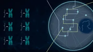 Genomic data (DNA, chromosomes) on left; globe-like network with interconnected nodes and data pathways on right.