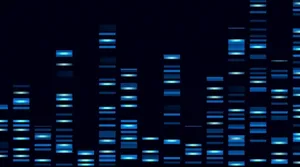 Blue glowing horizontal bands on a dark background, resembling genomic data visualization.